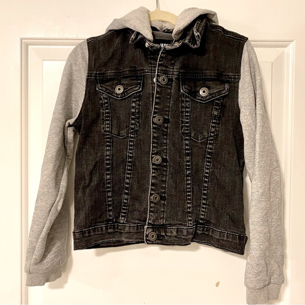 HUDSON JEANS KIDS BLACK/GRAY DENIM HOODED JACKET SIZE 7/8
